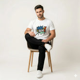 Person wearing a white t-shirt with 'Wake Up & Fight!' design on a plain background