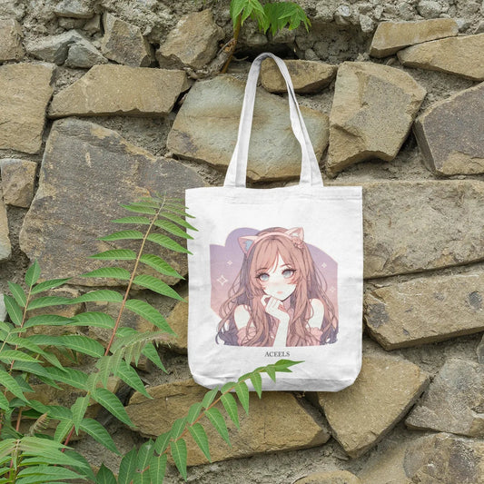Tote bag with anime character design against a stone wall