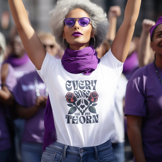 Woman with raised fists wearing a white t-shirt with a black and red design and purple sunglasses, surrounded by people in a protest or rally setting.