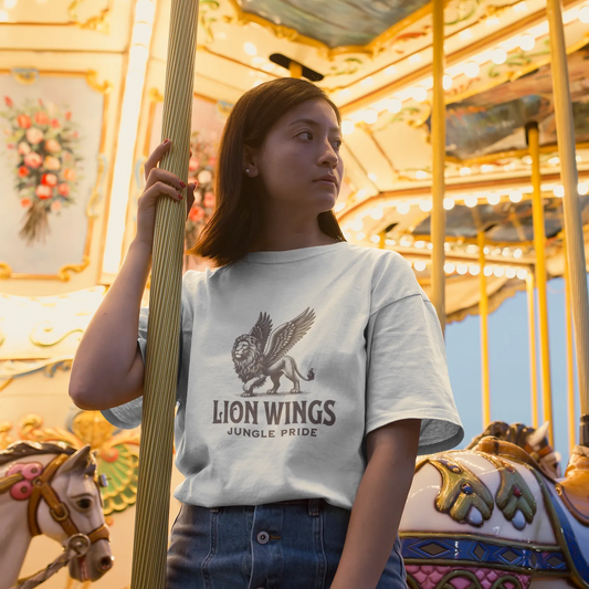 Person wearing a t-shirt with 'Lion Wings Jungle Pride' design in front of a carousel.