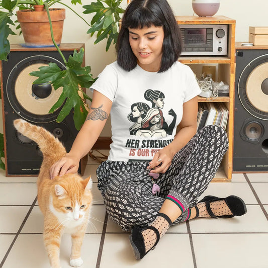 Woman sitting on the floor with a cat, surrounded by speakers and plants.