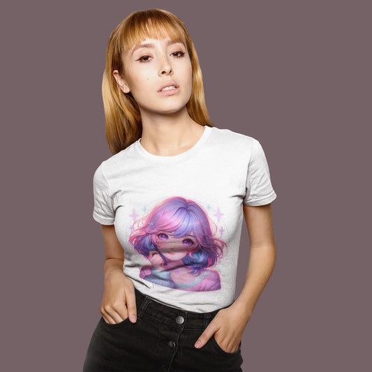 Woman wearing a white t-shirt with a colorful graphic design on a plain background