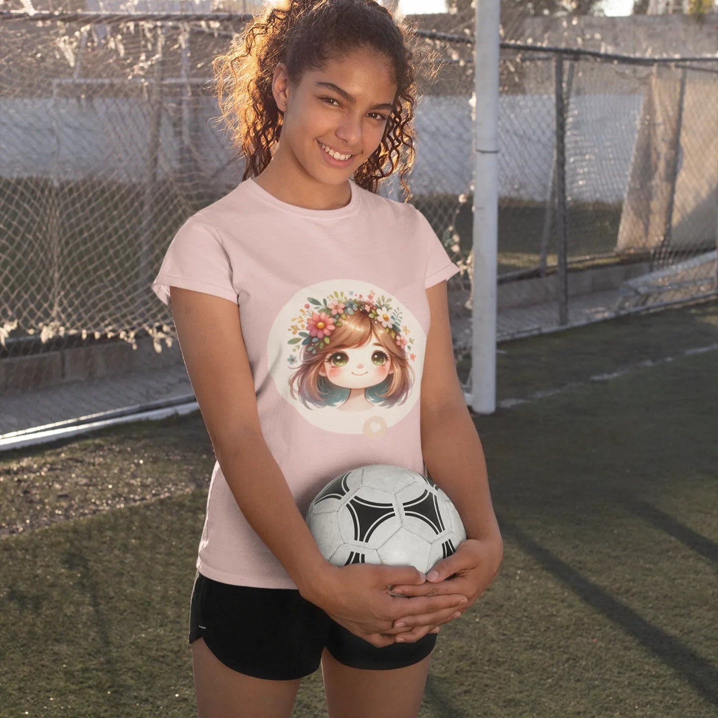 Young girl holding a soccer ball on a sports field