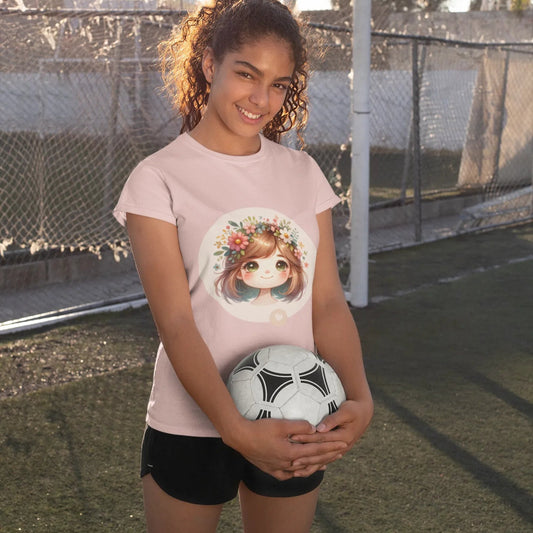Young girl holding a soccer ball on a sports field