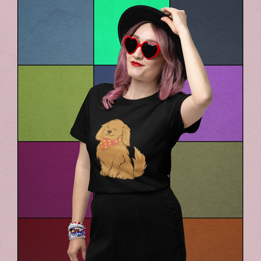 Person wearing a black t-shirt with a dog graphic and black shorts against a colorful geometric background.