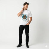 Man wearing a white t-shirt with 'Kool Gorilla Streetwear' graphic design.