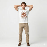 Person wearing a white t-shirt with 'House Targaryen' design, sitting by a water fountain.