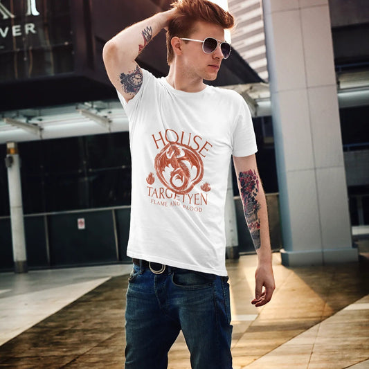Man wearing a white t-shirt with 'House Targaryen' design in an urban setting