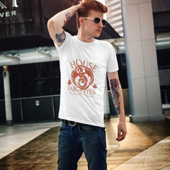 Man wearing a white t-shirt with 'House Targaryen' design in an urban setting