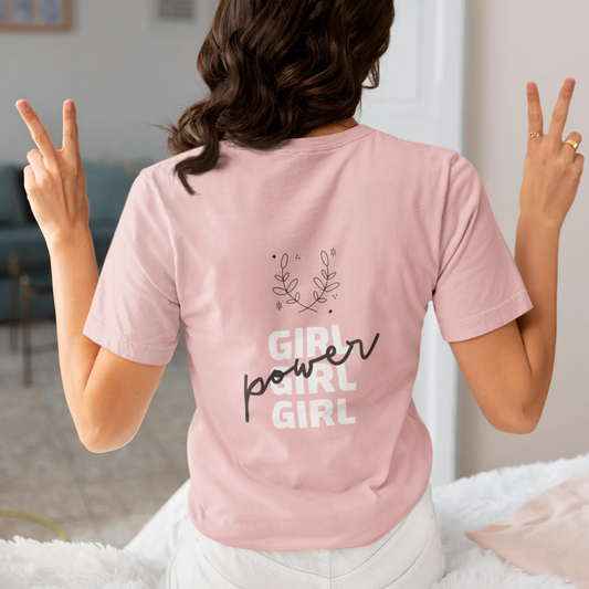 Person wearing a pink t-shirt with 'Girl power Girl Girl' text, making peace signs.