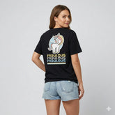 Woman wearing a black t-shirt with a unicorn graphic and 'fabulous' text on the back.