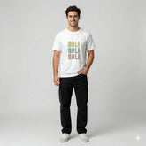 Man wearing a white t-shirt with 'HOLI' text in colorful letters on a plain background