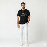 Man wearing a black t-shirt with 'Travel Addict' text on a white background