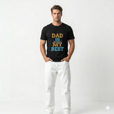 Man wearing a black t-shirt with 'Dad is my best' text on a white background