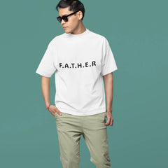 Man wearing a white t-shirt with 'F.A.T.H.E.R.' text on a teal background