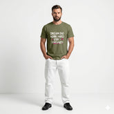 Man wearing a green t-shirt with motivational quote on a white background