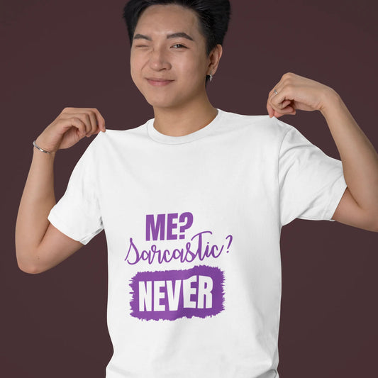 Person wearing a white t-shirt with purple text on a dark background