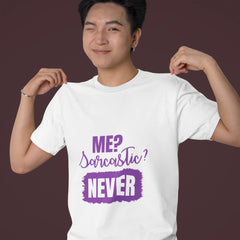 Person wearing a white t-shirt with purple text on a dark background