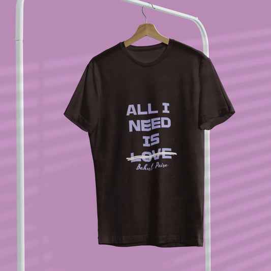Black t-shirt with white text on a hanger against a purple background