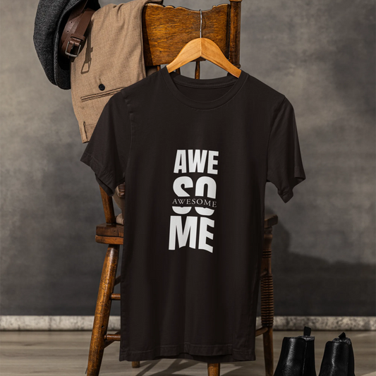 Black t-shirt with 'AWESOME' text on a wooden chair against a gray background