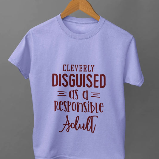 Light purple t-shirt with red text on a wooden hanger against a gray background