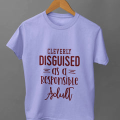 Light purple t-shirt with red text on a wooden hanger against a gray background