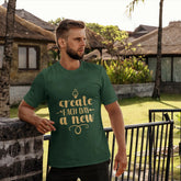 Man wearing a green t-shirt with a motivational quote in a tropical setting