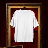 White t-shirt on a hanger inside an ornate gold frame with red curtain background