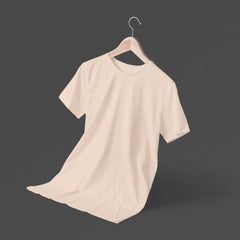 Beige t-shirt on a hanger against a dark background