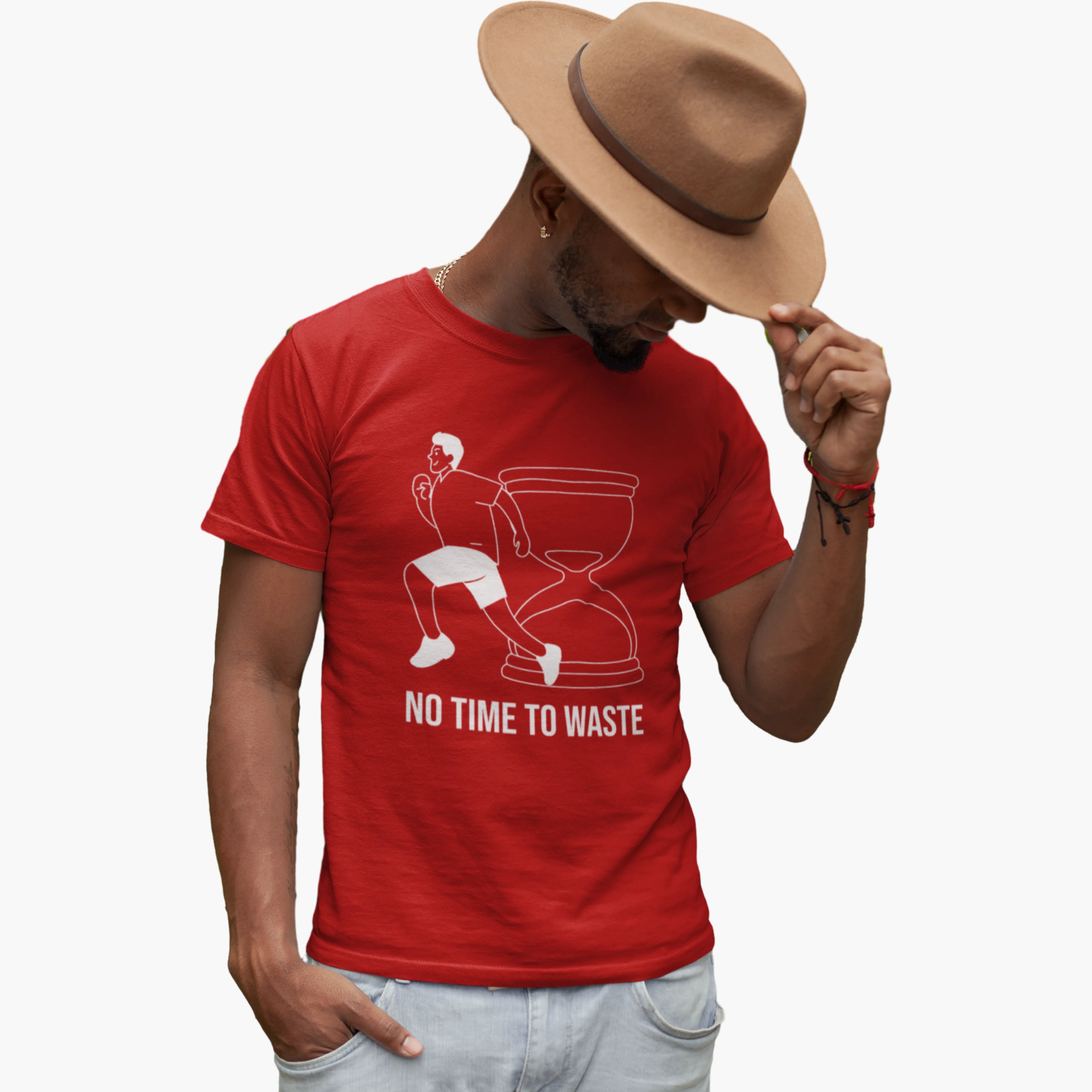Man wearing a red t-shirt with a graphic and text, paired with a beige hat on a white background