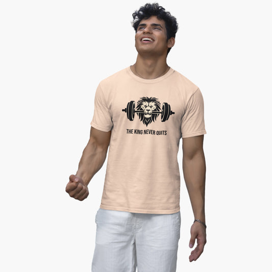 Man wearing a beige t-shirt with a lion graphic and text on a white background