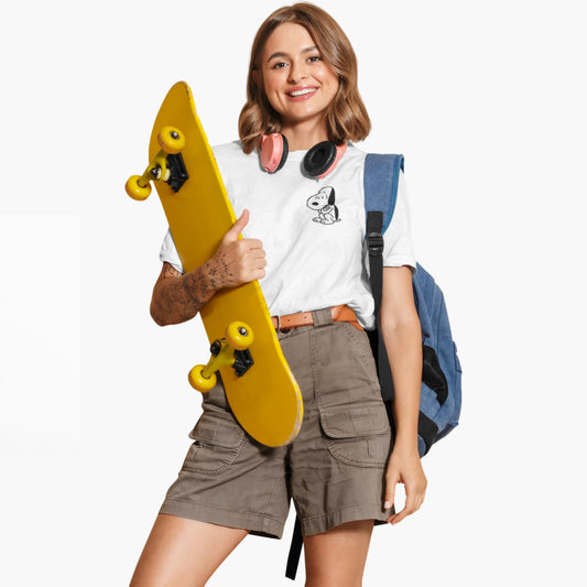 Woman holding a yellow skateboard with a white background