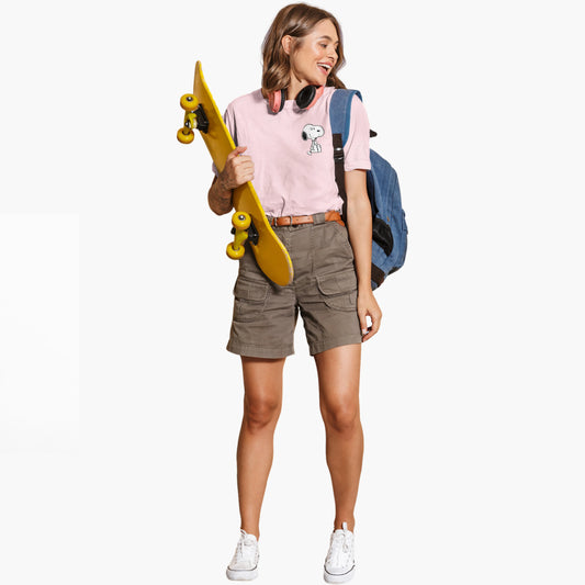 Person holding a yellow skateboard and wearing a pink shirt with a blue backpack on a white background