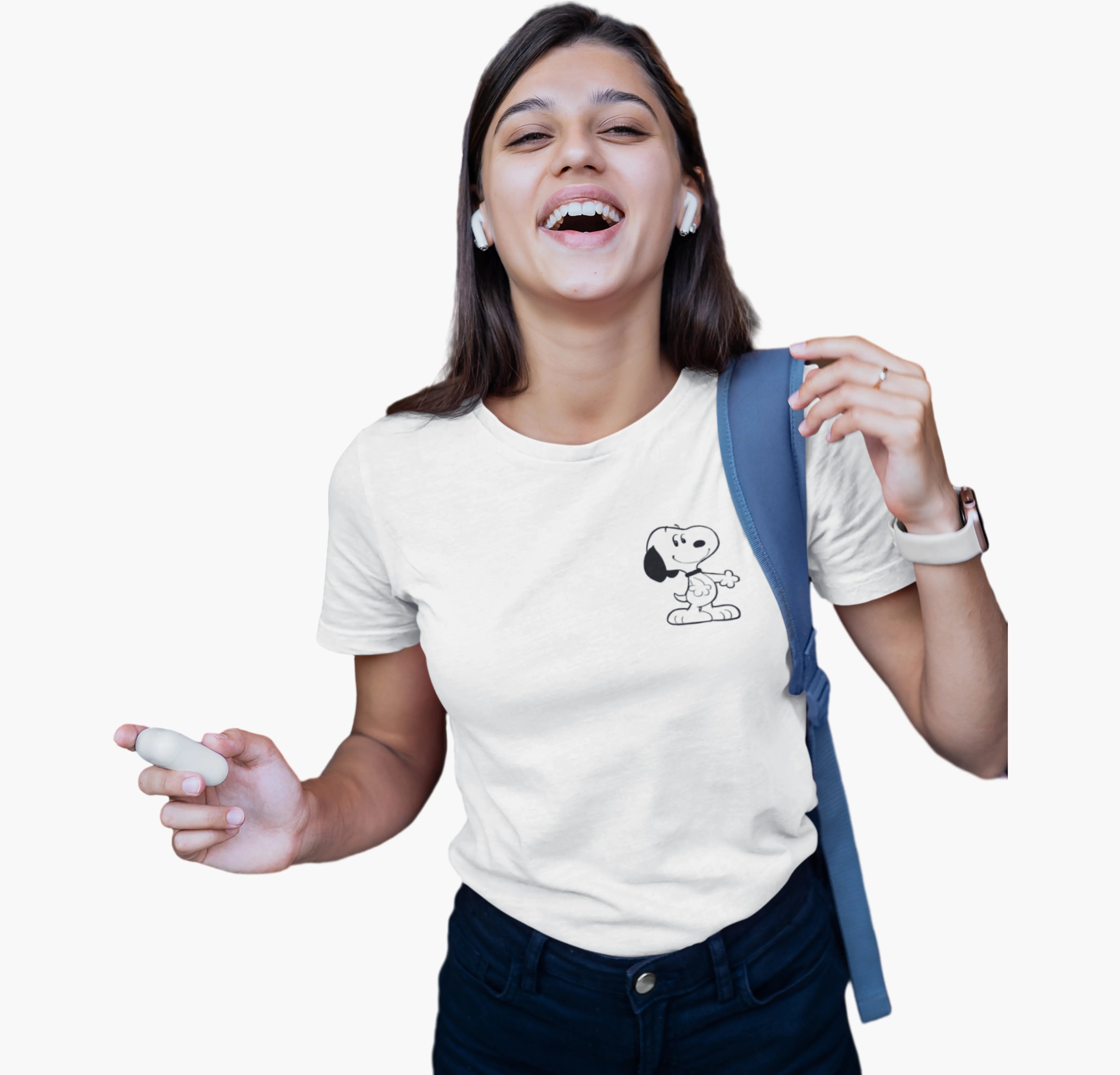 Person wearing a white t-shirt with a cartoon character and holding a blue backpack.