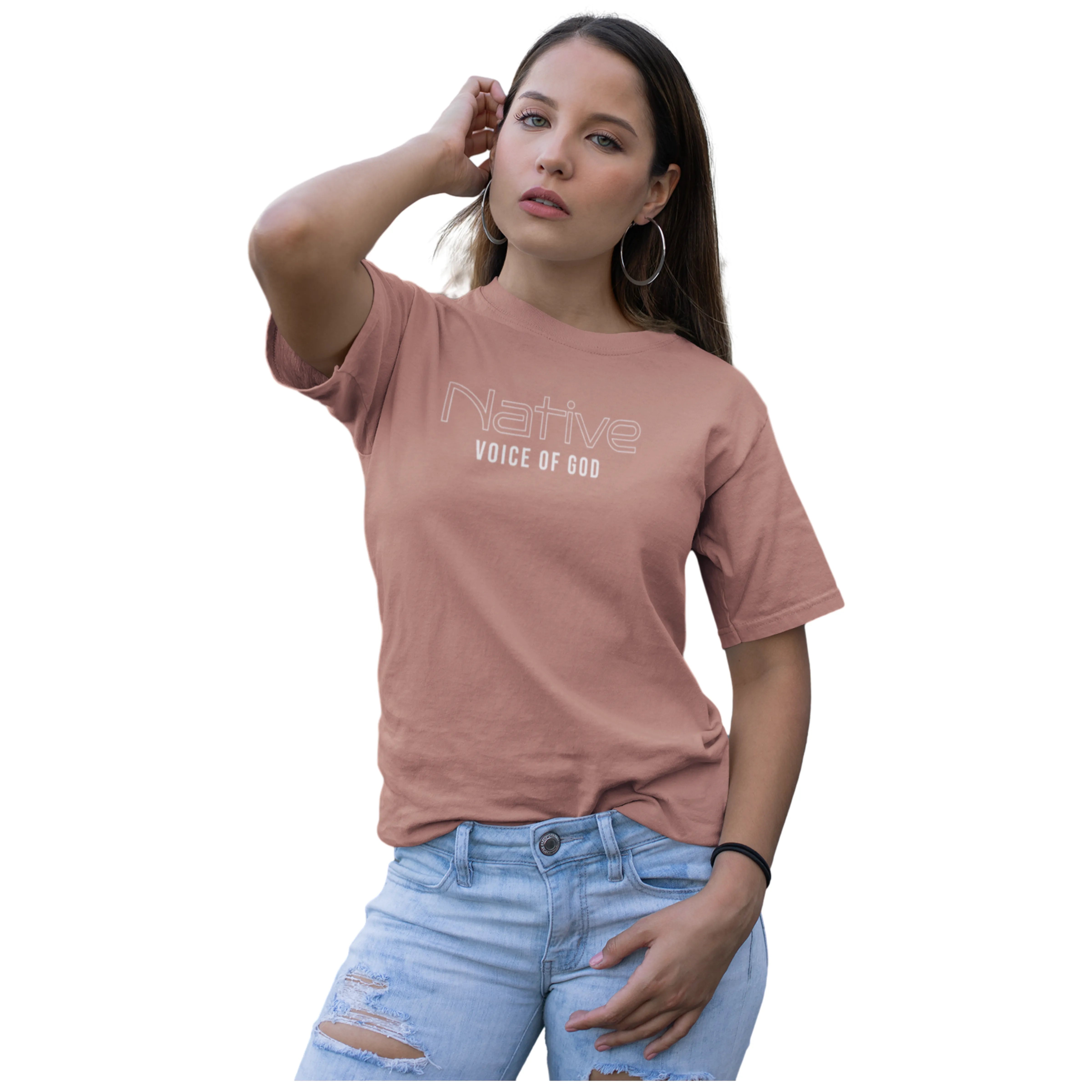 Woman wearing a pink t-shirt with text on a white background
