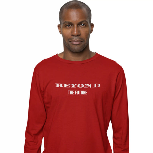 Man wearing a red long-sleeve shirt with 'BEYOND THE FUTURE' text on a white background