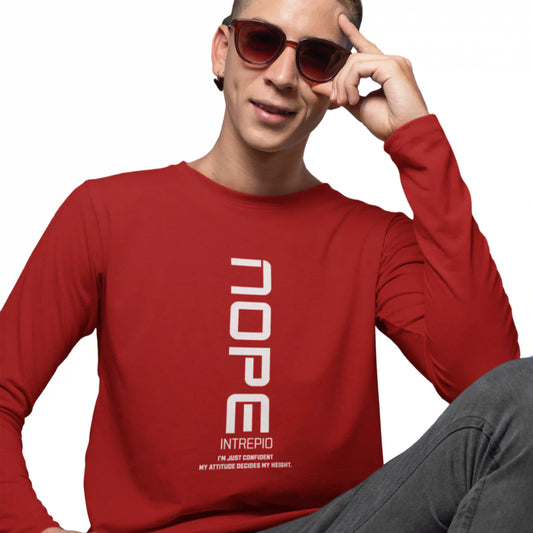 Person wearing a red long-sleeve shirt with 'Dope Intrepid' text, sitting against a white background.