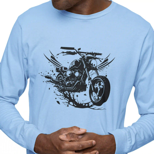Light blue long-sleeve shirt with a black motorcycle graphic on a white background