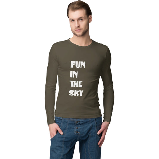 Man wearing a green long-sleeve shirt with 'FUN IN THE SKY' text on a white background