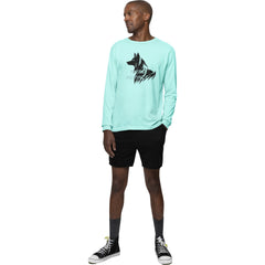 Man wearing a light blue long-sleeve shirt with a graphic design on a white background