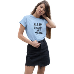 Woman wearing a light blue t-shirt with text and a black skirt on a white background