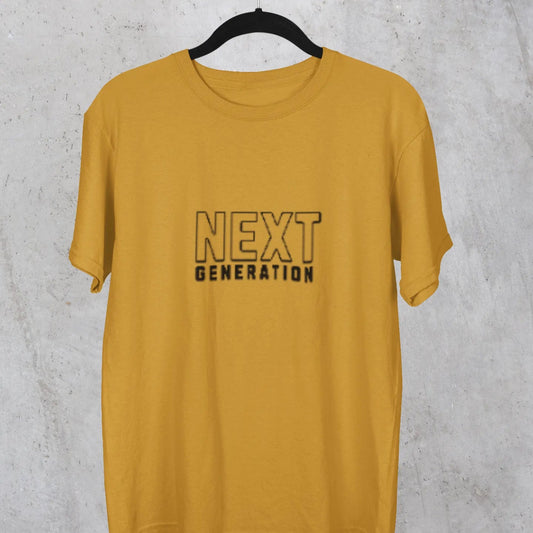 Yellow t-shirt with 'Next Generation' text on a hanger against a gray concrete wall.