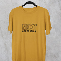 Yellow t-shirt with 'Next Generation' text on a hanger against a gray concrete wall.
