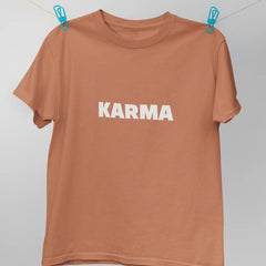 Brown t-shirt with 'Karma' text on a white background