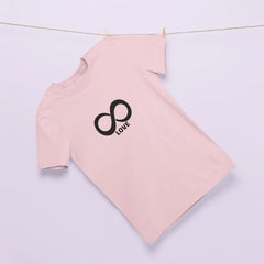 Pink long-sleeve shirt with a black infinity symbol and 'Love' text on a light purple background