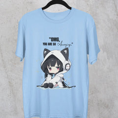 Light blue t-shirt with a graphic of a cat-themed character and text on a gray background