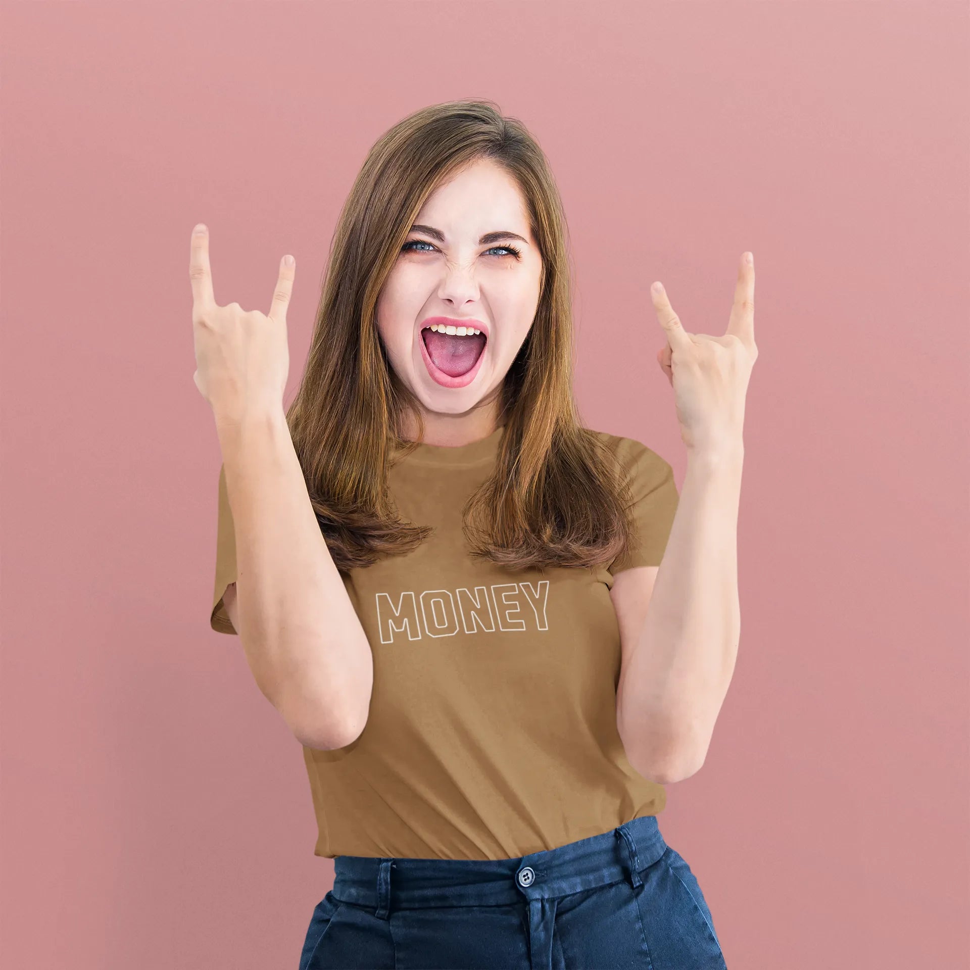 Woman wearing a brown ' MONEY ' t-shirt against a pink background