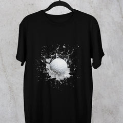 Black t-shirt with a graphic design of a golf ball on a hanger against a textured gray background