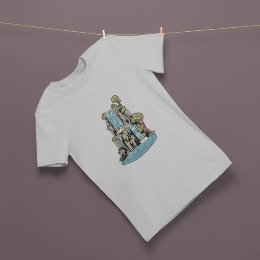 Light gray sweatshirt with a colorful graphic design on a brown background