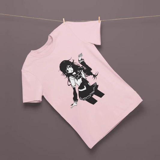 Pink sweatshirt with black graphic of a person hanging on a clothesline against a dark background